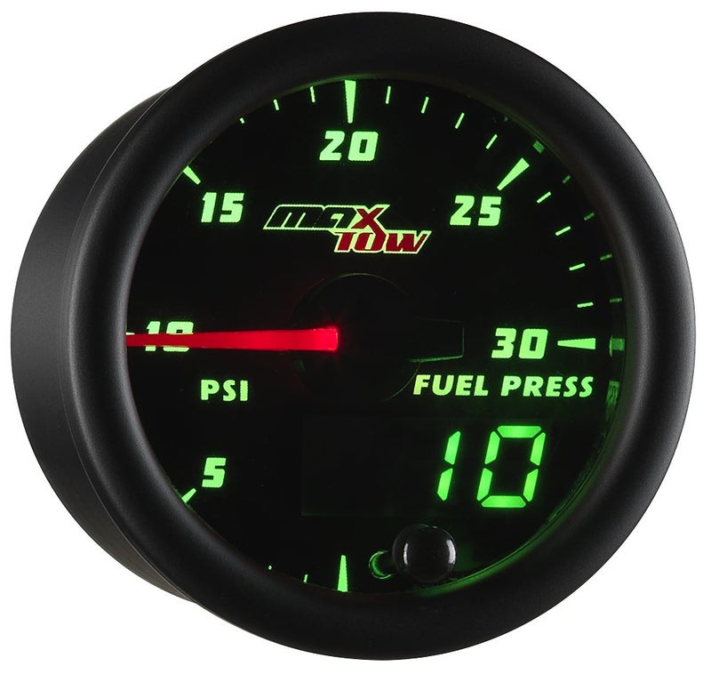 MaxTow Double Vision 30 PSI Fuel Pressure Gauge Kit - Includes Electronic Sensor - Black Gauge Face - Green LED Illuminated Dial - Analog & Digital Readouts - for Diesel Trucks - 2-1/16" 52mm - Image 1